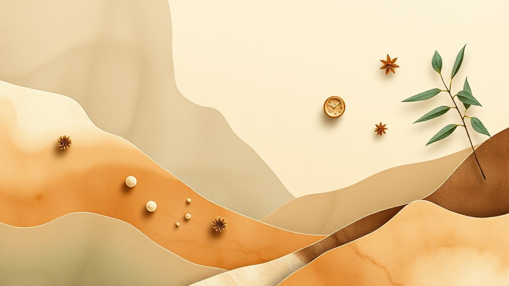 Abstract representation of wellness with floating plant elements and soothing earth tones no text no words no letters