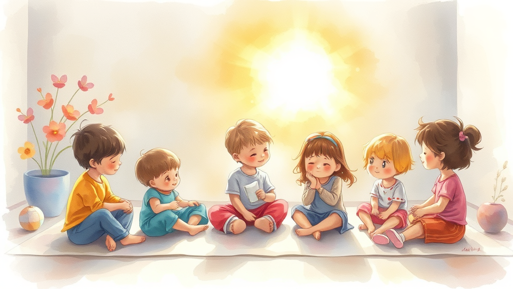 Soft watercolor children playing peacefully in therapeutic setting with warm golden light no text no words no letters