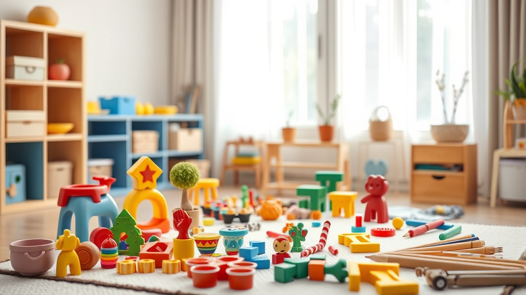 Gentle hands arranging colorful toys and art materials in calming therapy room with natural lighting no text no words no letters