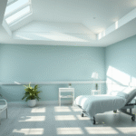 Peaceful rehabilitation room with soft natural lighting, calming blue and green tones, gentle wellness atmosphere, no text no words no letters