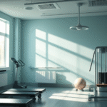 Soft morning light streaming through windows onto peaceful rehabilitation space with exercise equipment, calming blue and green tones, serene healing environment, no text no words no letters