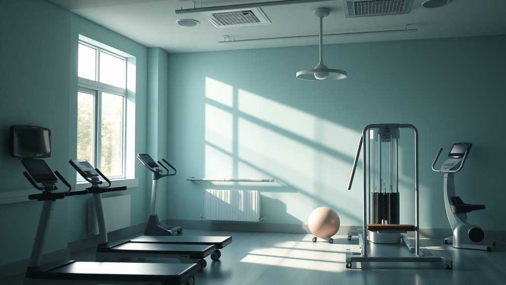 Soft morning light streaming through windows onto peaceful rehabilitation space with exercise equipment, calming blue and green tones, serene healing environment, no text no words no letters