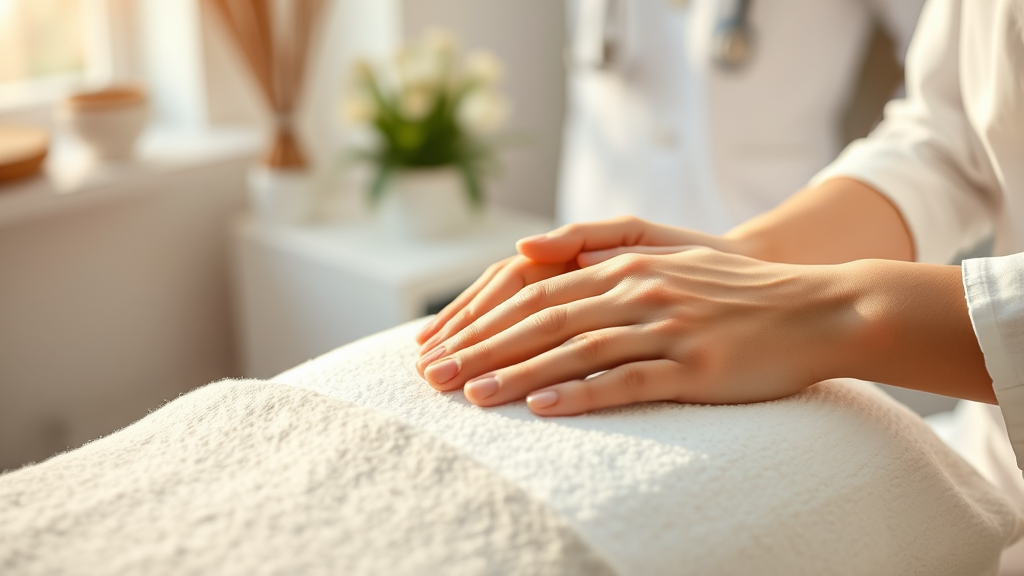 Gentle hands providing therapeutic treatment in modern clinical setting, warm natural lighting, professional yet comforting atmosphere, healing touch concept, no text no words no letters