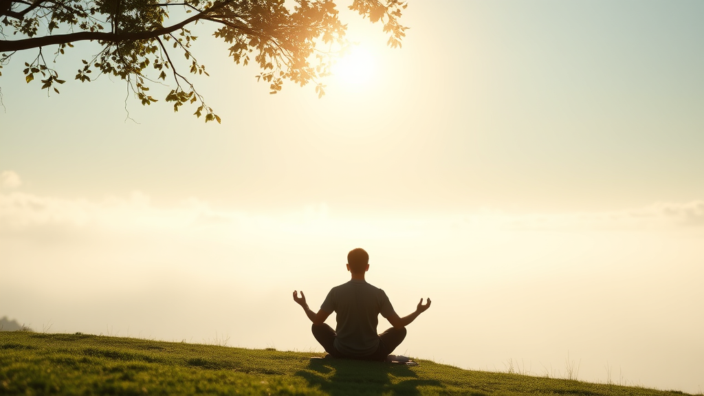Calm meditation scene with person in peaceful contemplation, soft sunlight, tranquil natural setting, emotional wellness visualization, no text no words no letters