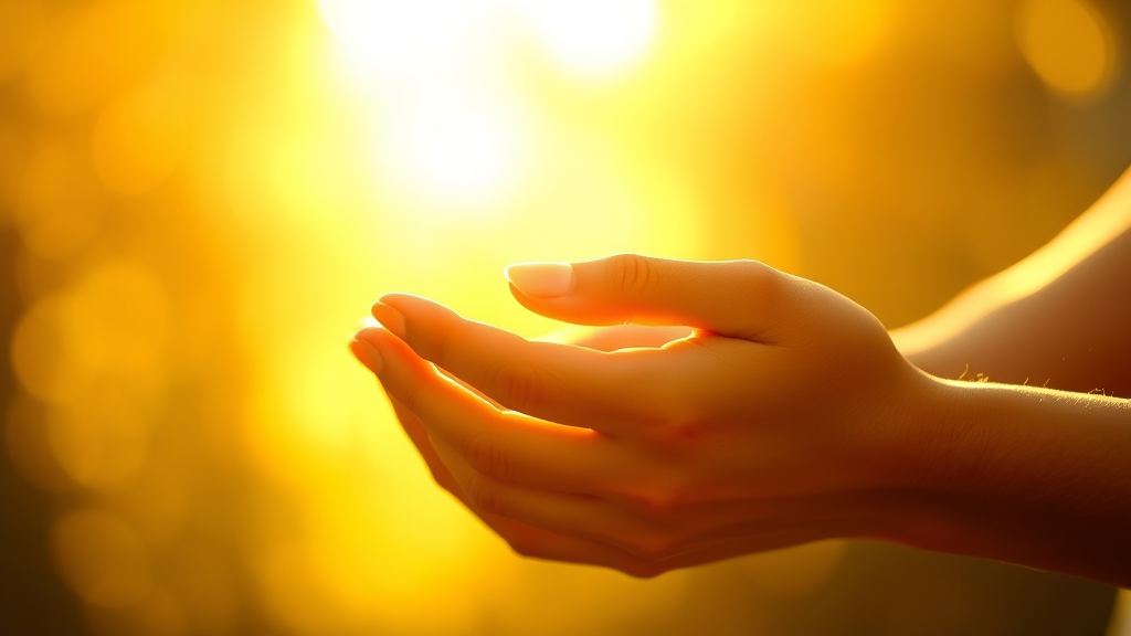 Peaceful healing hands with soft golden light emanating gentle warmth and comfort for pain relief no text no words no letters