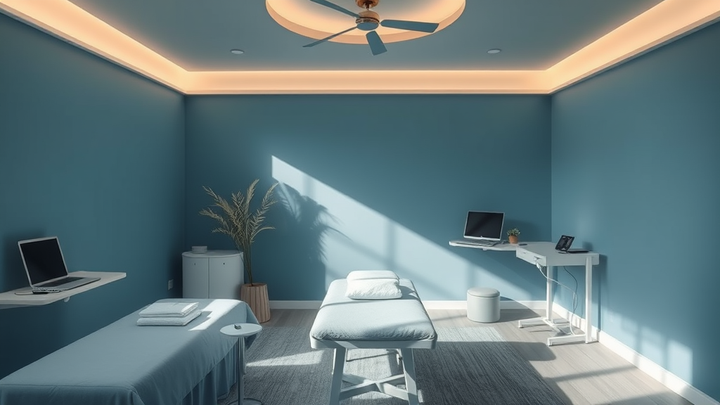 Serene therapy room with natural lighting calming blue tones modern equipment peaceful healing environment no text no words no letters