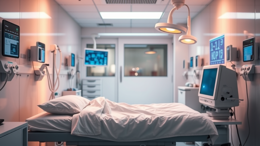 Peaceful healthcare setting with warm lighting gentle colors representing healing and hope medical technology background no text no words no letters