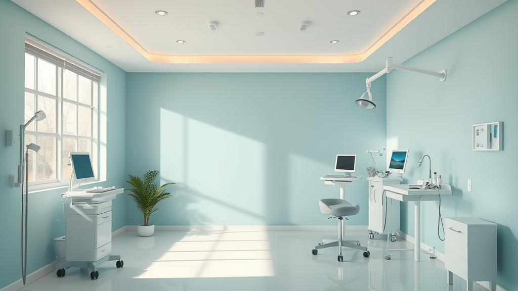 Serene therapy room with soft natural lighting calming blues and greens abstract medical equipment peaceful atmosphere no text no words no letters