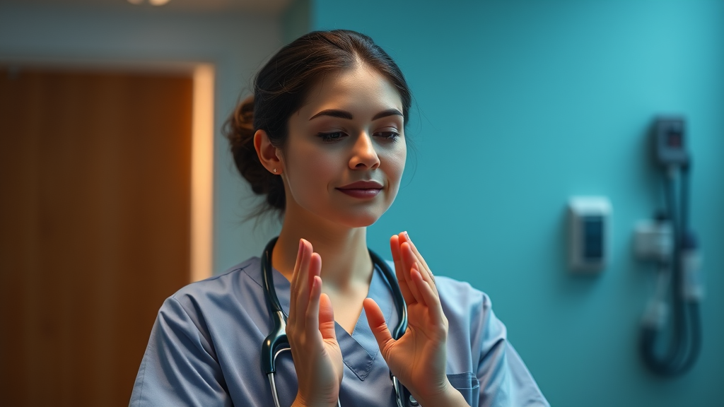 Peaceful healthcare professional in scrubs with soft lighting, gentle hands, calming medical environment, serene expression, no text no words no letters