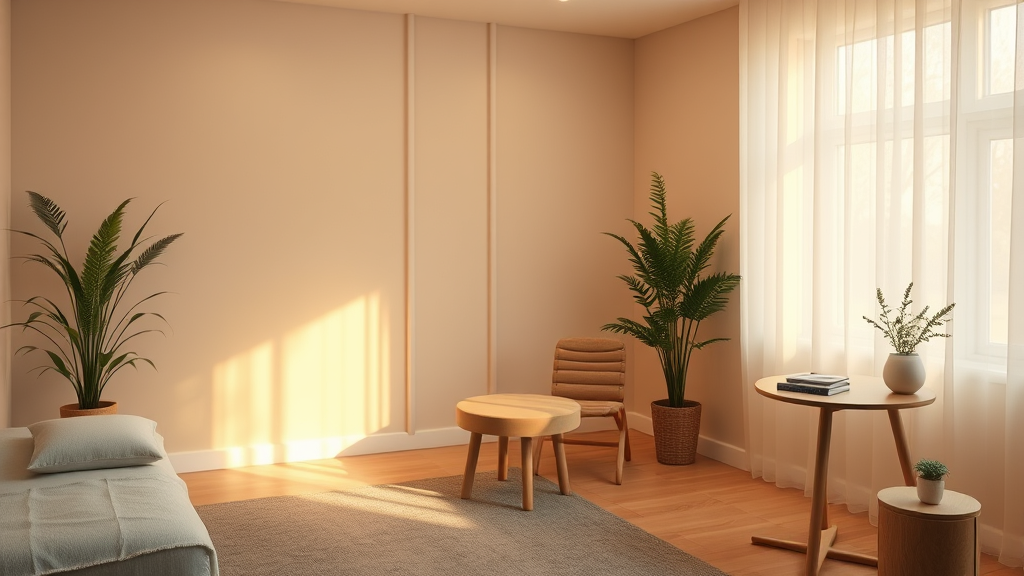 Tranquil therapy room with warm lighting, comfortable patient chair, peaceful atmosphere, healing environment, soft colors, no text no words no letters