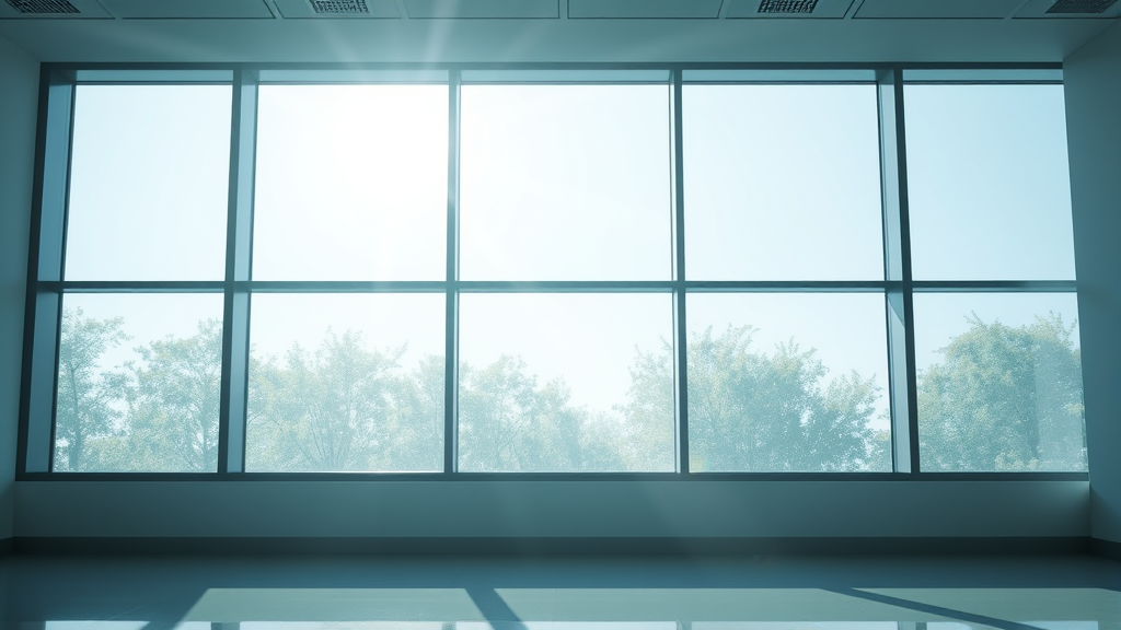 Gentle sunlight streaming through modern medical facility windows with soft blue and green tones representing hope and healing no text no words no letters