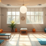 Soft sunlight streaming through therapy room with colorful exercise equipment peaceful healing environment serene wellness space no text no words no letters