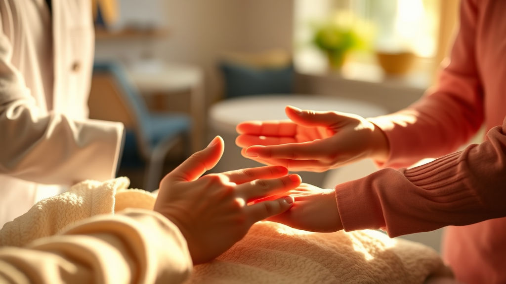 Gentle hands guiding therapeutic activities warm lighting peaceful rehabilitation setting calm healing atmosphere no text no words no letters