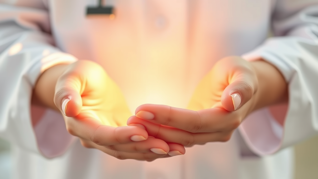 Soft pastel healing hands cradling gentle light representing medical care and comfort with warm peaceful atmosphere no text no words no letters