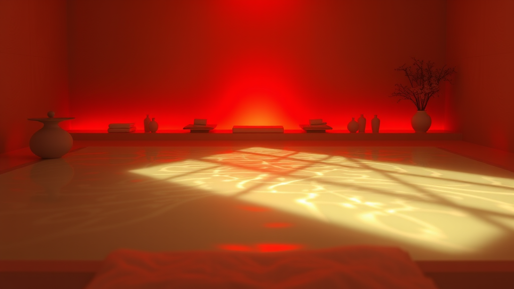 Soft glowing red light emanating warmth and healing energy in serene spa-like setting with gentle shadows, no text no words no letters