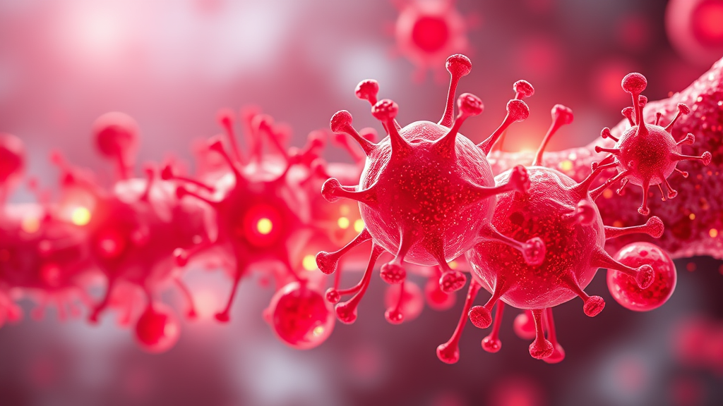 Abstract representation of cellular regeneration and healing energy with warm red glowing particles and soft light rays, no text no words no letters