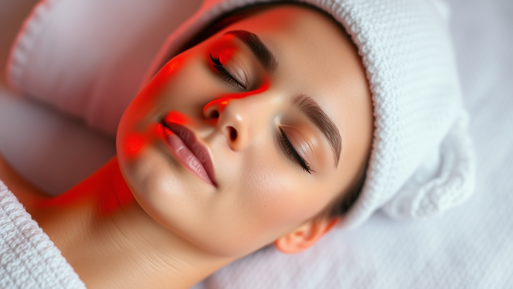 Peaceful spa setting with soft red therapeutic light glowing on serene face, calming wellness atmosphere, no text no words no letters