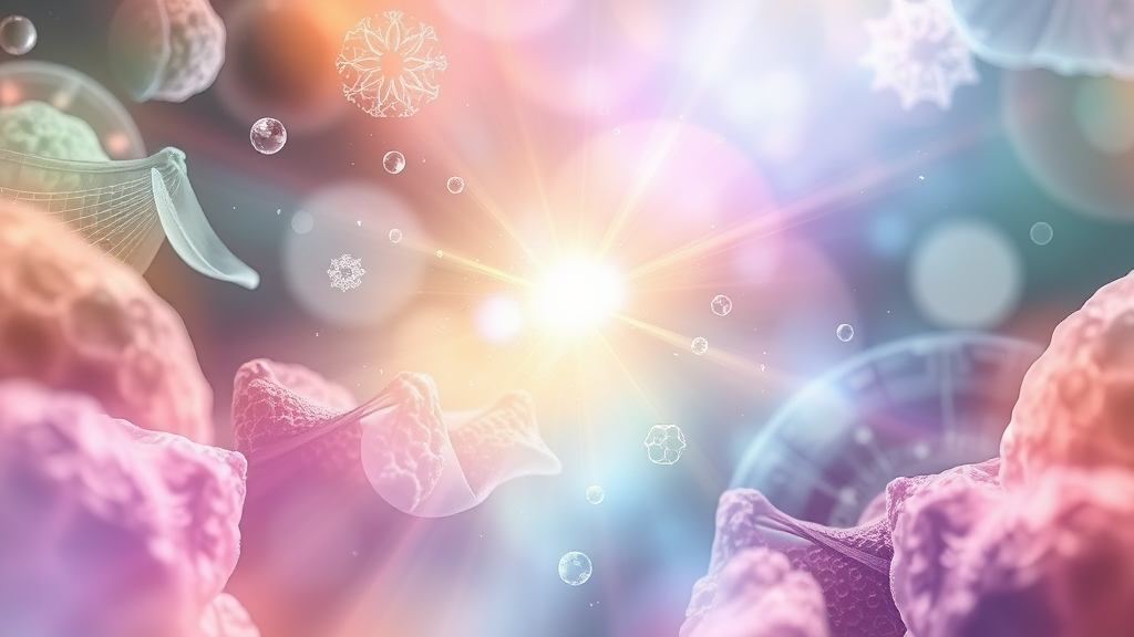 Abstract representation of cellular renewal with gentle light rays, soothing nature colors, healing energy visualization, no text no words no letters