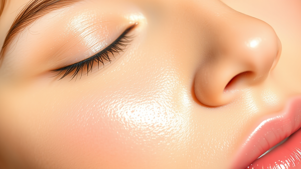 Close up of radiant healthy skin with soft natural lighting, peaceful skincare concept, gentle glow effect, no text no words no letters