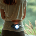 Serene person wearing therapeutic light device around waist in peaceful wellness setting with soft natural lighting no text no words no letters