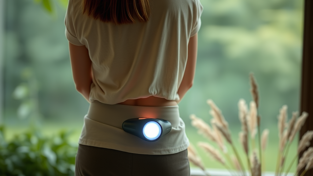 Serene person wearing therapeutic light device around waist in peaceful wellness setting with soft natural lighting no text no words no letters