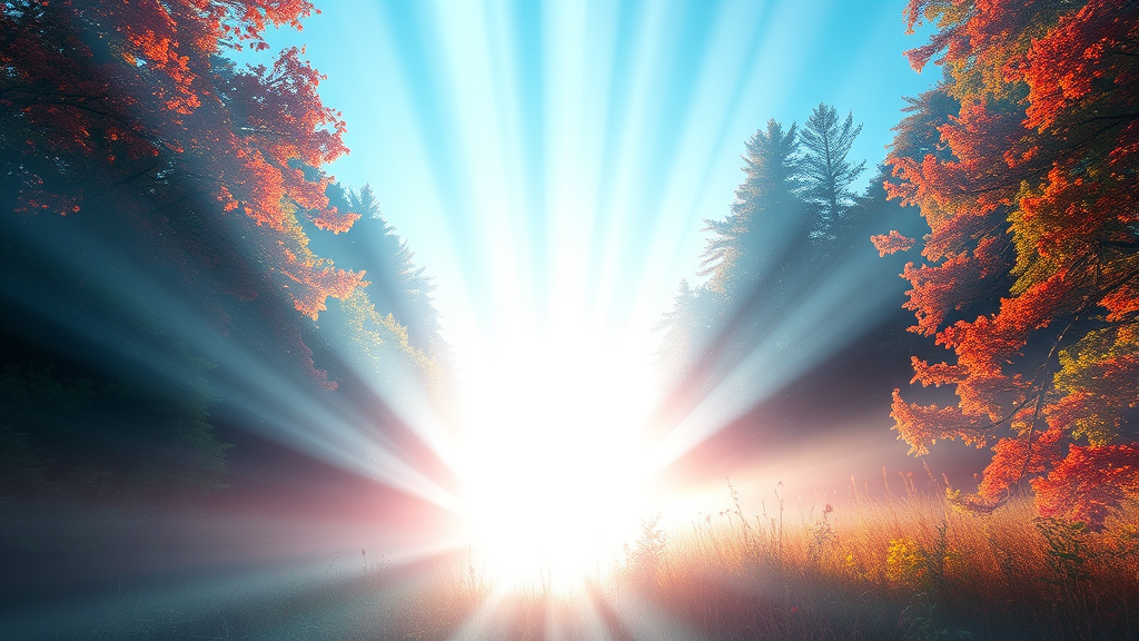 Abstract representation of healing light rays penetrating through peaceful natural environment with calming blues and warm reds no text no words no letters