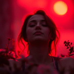 Peaceful person basking in warm gentle red light surrounded by calming natural elements soft serene atmosphere no text no words no letters