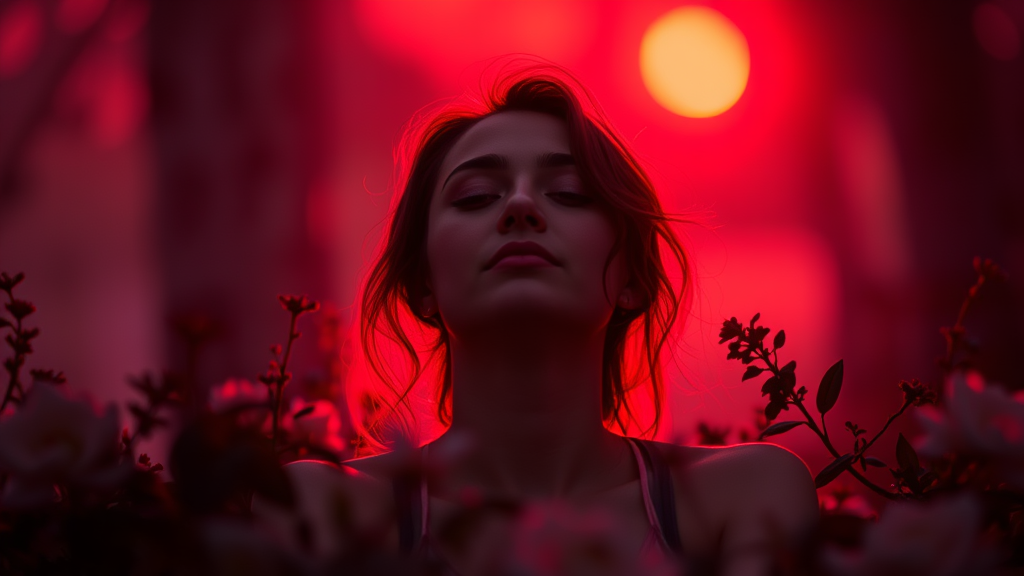 Peaceful person basking in warm gentle red light surrounded by calming natural elements soft serene atmosphere no text no words no letters