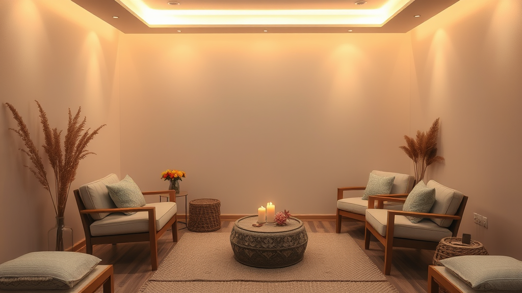 Cozy therapy room with warm ambient lighting comfortable seating peaceful healing environment soft natural tones no text no words no letters