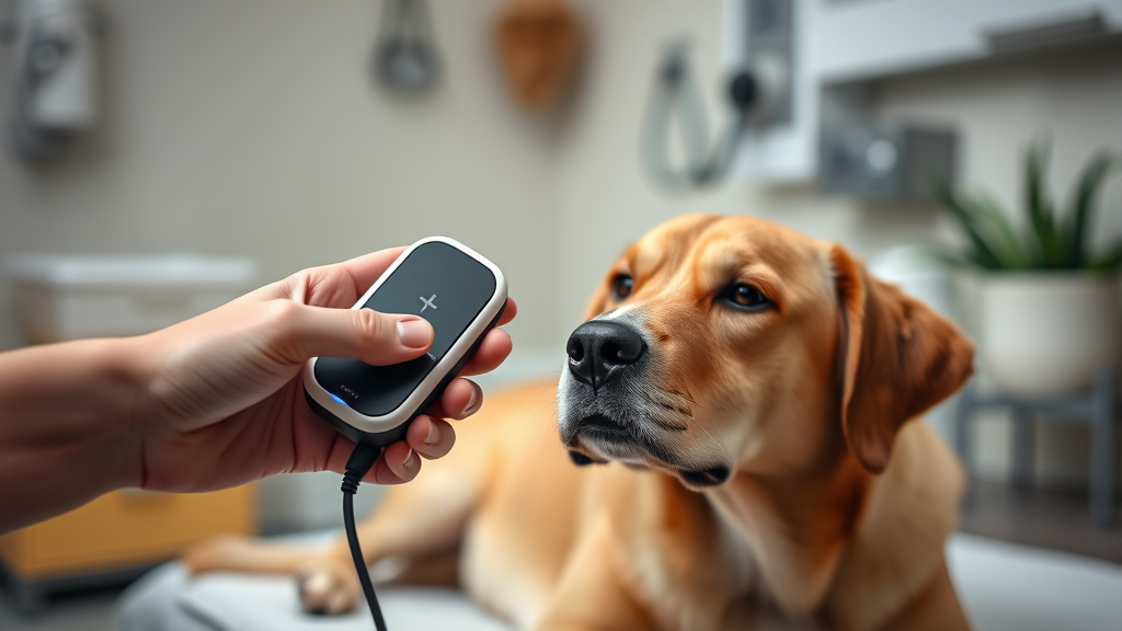 Gentle hands holding therapy device near calm dog in serene veterinary setting, soft ambient lighting, peaceful healing environment, no text no words no letters