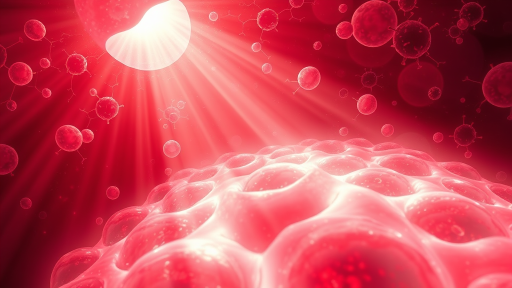 Abstract representation of cellular healing with warm red light rays penetrating peaceful natural forms, calming therapeutic energy, no text no words no letters