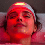 Gentle red light therapy device illuminating peaceful face with soft warm glow, serene spa environment, calming wellness concept, no text no words no letters