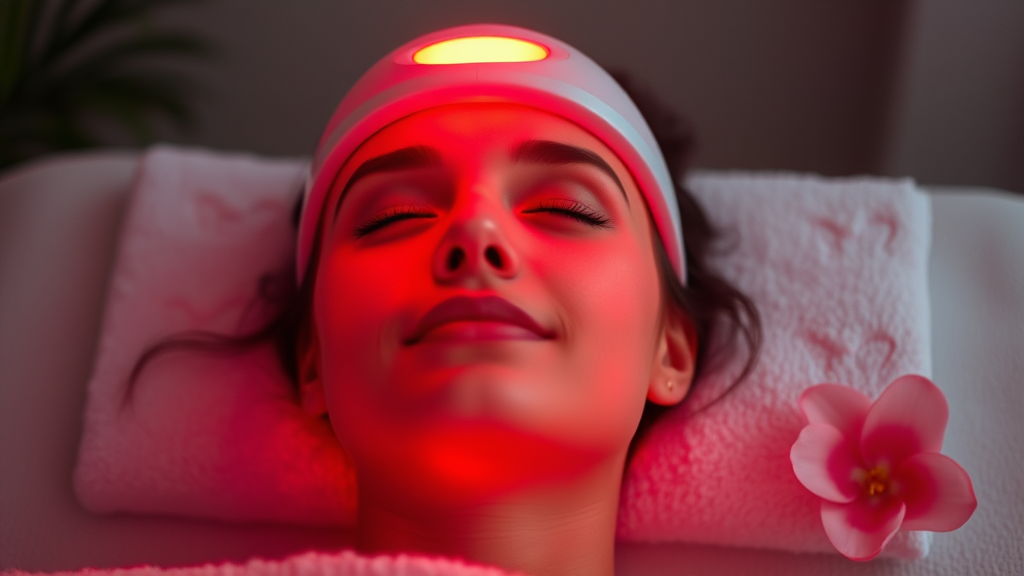 Gentle red light therapy device illuminating peaceful face with soft warm glow, serene spa environment, calming wellness concept, no text no words no letters