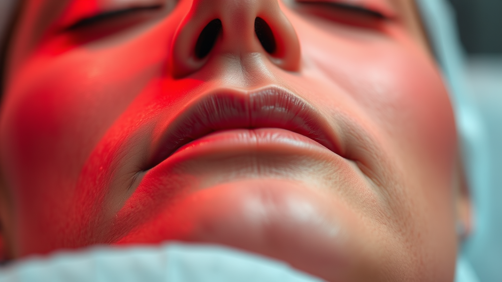 Close up of calm healthy skin with soft red therapeutic light rays, healing gentle treatment, peaceful medical setting, no text no words no letters