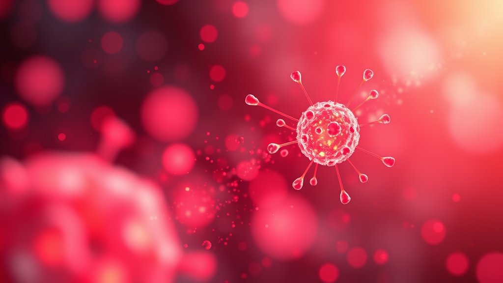 Abstract representation of cellular healing with warm red light particles, peaceful medical therapy concept, soft glowing atmosphere, no text no words no letters