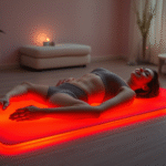 Peaceful person lying on glowing red light therapy mat in serene wellness room with soft ambient lighting and calming atmosphere no text no words no letters