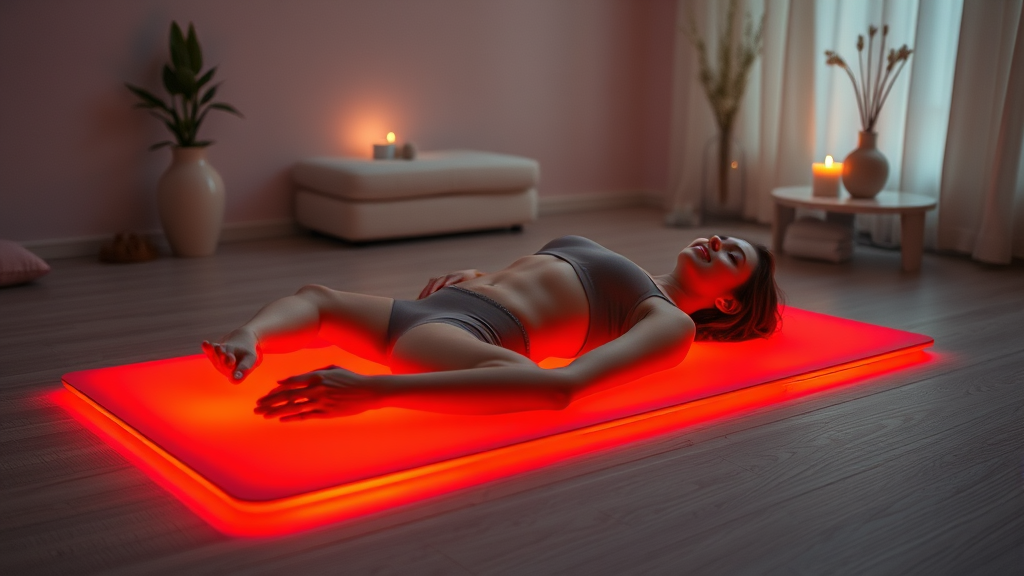 Peaceful person lying on glowing red light therapy mat in serene wellness room with soft ambient lighting and calming atmosphere no text no words no letters