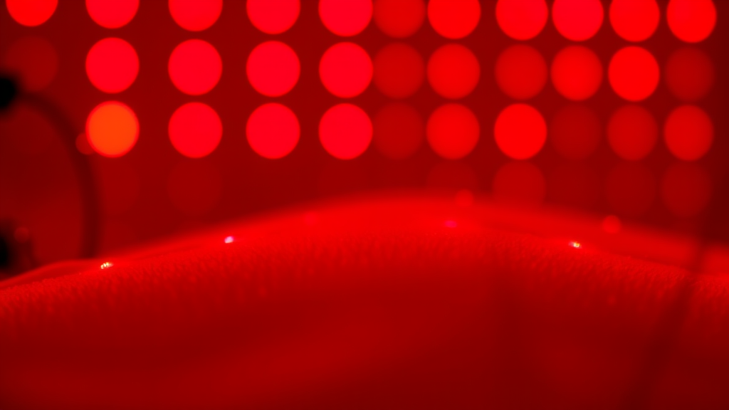 Close up view of red LED therapy lights creating warm healing glow in therapeutic setting with gentle shadows no text no words no letters