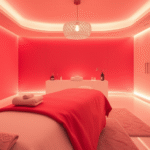 Serene wellness spa with soft red and warm lighting, peaceful atmosphere, modern treatment room, no text no words no letters