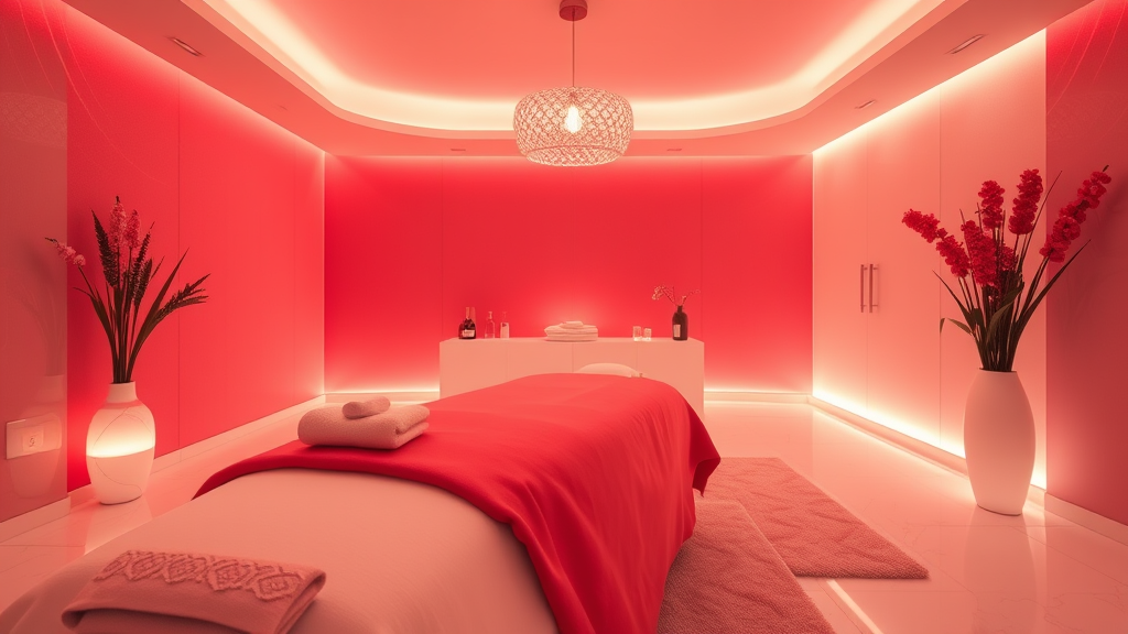 Serene wellness spa with soft red and warm lighting, peaceful atmosphere, modern treatment room, no text no words no letters