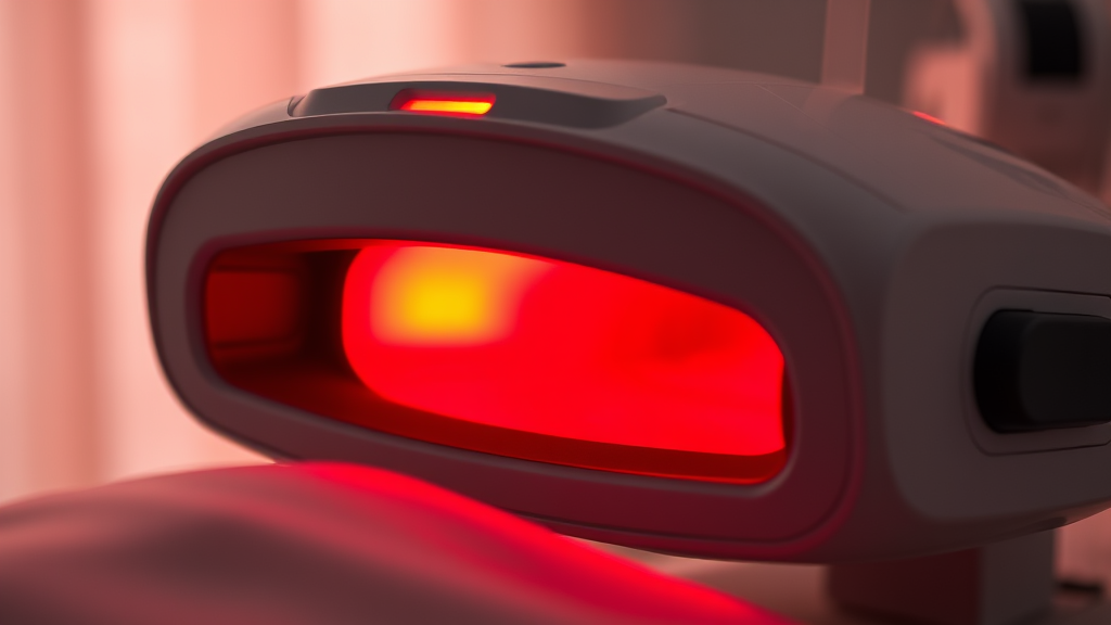 Close-up of gentle red light therapy device glowing warmly, soft focused background, calming medical equipment, no text no words no letters