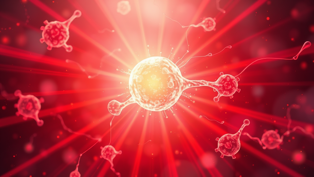 Abstract representation of cellular healing with soft red light rays, peaceful energy flow, warm glowing particles, no text no words no letters