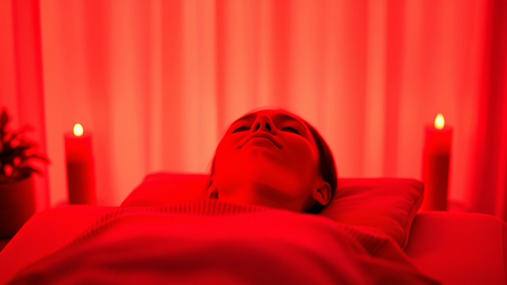 Peaceful person relaxing in warm red light therapy session with soft glowing ambiance and calming atmosphere no text no words no letters