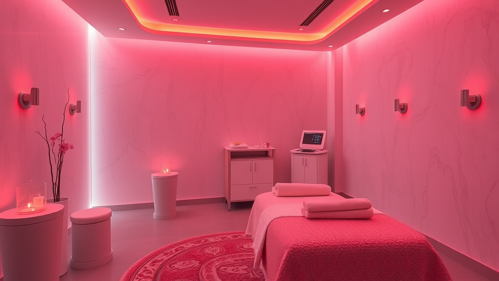 Serene spa-like therapy room with gentle red lighting equipment and tranquil wellness environment no text no words no letters