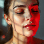 Soft glowing red light illuminating peaceful woman face gentle skincare wellness serene lighting calming atmosphere no text no words no letters