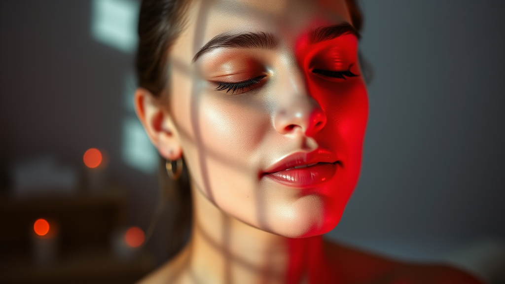 Soft glowing red light illuminating peaceful woman face gentle skincare wellness serene lighting calming atmosphere no text no words no letters