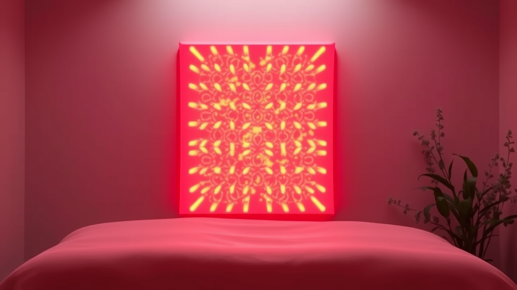 Gentle red light therapy panel glowing softly in serene wellness space peaceful healing environment calm lighting no text no words no letters