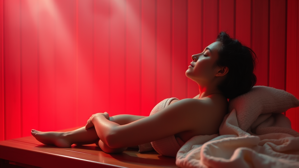 Serene person relaxing in warm red glowing sauna environment with soft lighting and peaceful atmosphere, no text no words no letters