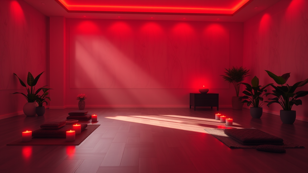 Peaceful meditation setting with warm red therapeutic lights creating calming ambiance and tranquil wellness space, no text no words no letters