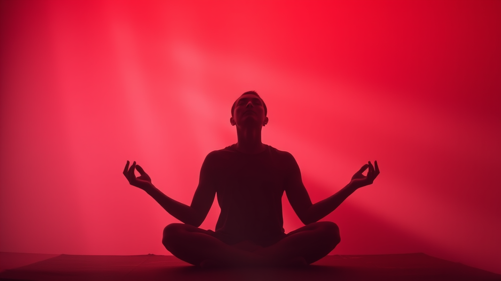 Peaceful person meditating in soft red and warm light rays, serene wellness concept, calming colors, no text no words no letters